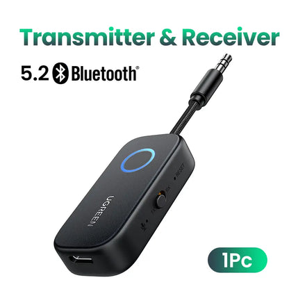 UGREEN Bluetooth 5.2 3.5mm Audio Transmitter/Receiver Adapter for AirPods and Headphones - Ideal for Flight, TV, Car Stereo, and MP3 Headset Microphones