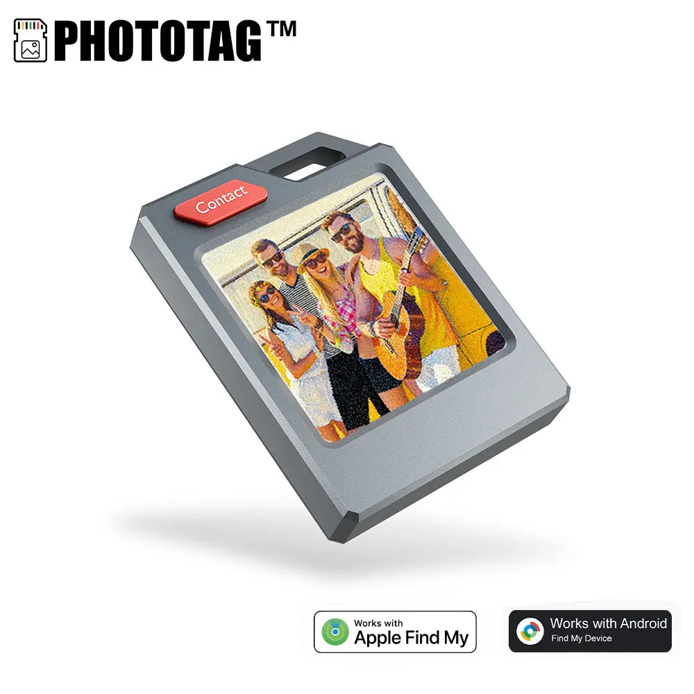 Phototag: Customizable E-Ink Tracker for Keys, Wallets, Luggage. Compatible with Apple Find My . Displays Photos and Emojis. up to 10 Months of Battery Life and IP65 Waterproof. Replaceable Battery.Personalized Gift.