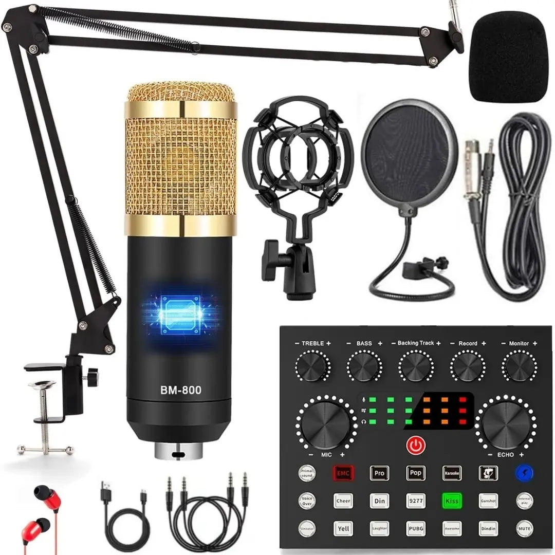 Safring Podcast Equipment Bundle, BM800 Podcast Usb Rechargeable Microphone Bundle with V8S Voice Change#R, Condenser Microphone Recording Studio Package for Podcasting Live Streaming Singing Tiktok Youtube Dynamic Mic Sound Card Desk Clamp #Summervibes
