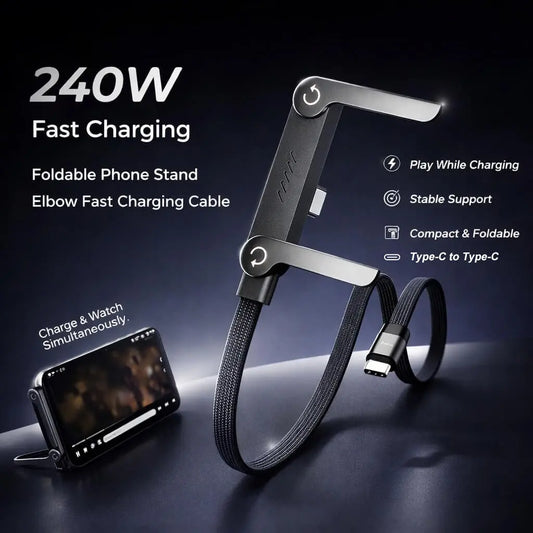 Invisible Stand Type-C Charger Cable - 240W Super Fast Charging 2-in-1 Cord and Phone Holder for Gaming, Office, and Travel - Black