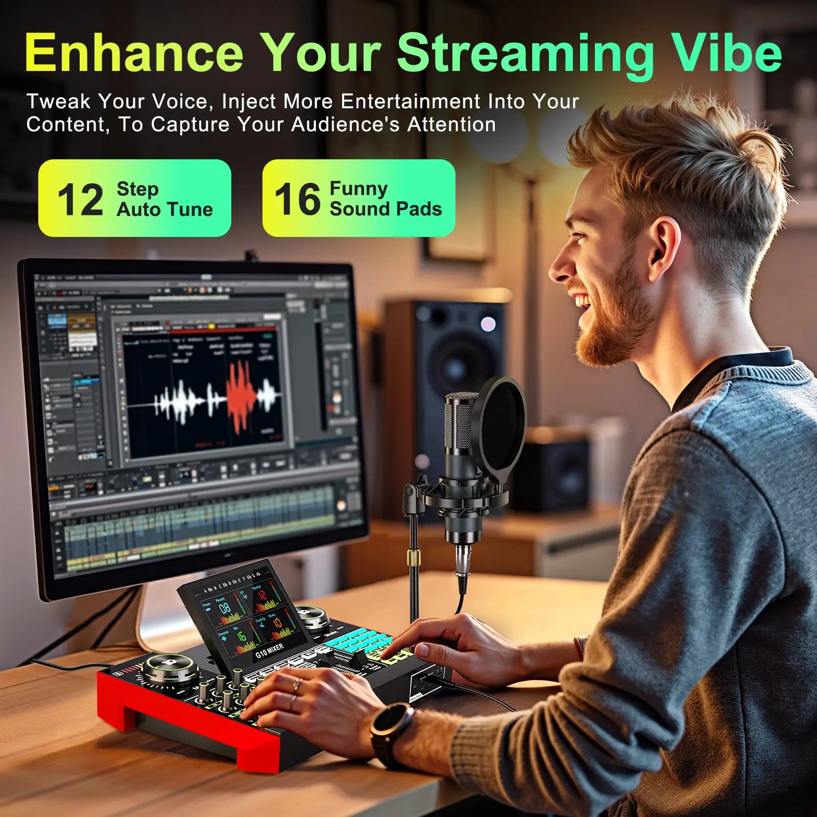 Tenlamp G10-P15 Professional Sound Card Kit with Condenser Microphone, Audio Mixer Featuring Voice Changer and Noise Reduction for Streaming, Podcasting, and Gaming