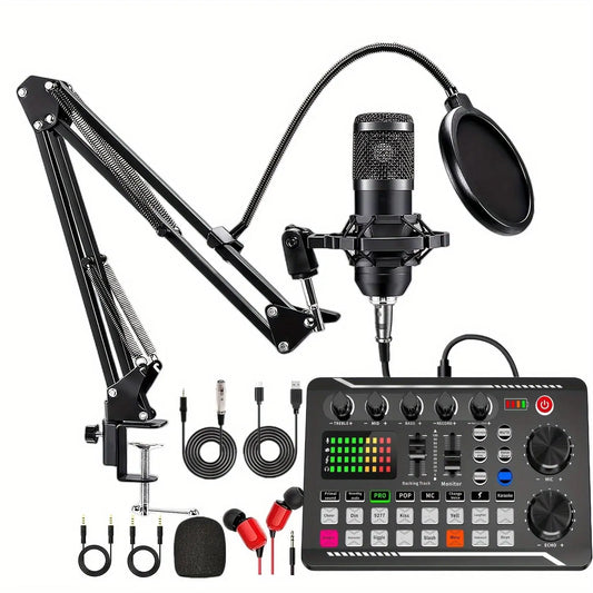 Professional Podcast Equipment Bundle: USB-Rechargeable Microphone with Voice Changer, Live Audio Mixer, Adjustable Condenser Mic, USB Audio Interface, Headphones, and Singing Microphone