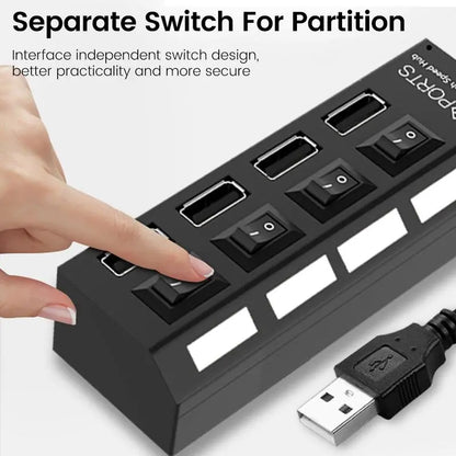 USB 2.0 Hub with 4 or 7 Ports and Individual On/Off Switches, Compact Multi-Port Splitter for Laptops, PCs, and External HDDs with LED Indicators