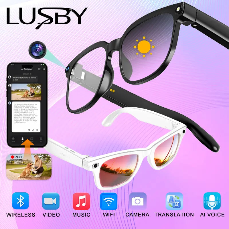 LUSBY Smart AI Camera Glasses with 8MP Photochromic Lenses, Touch Button Adjustment, Hands-Free Photography, Real-Time Translation in 160+ Languages, Bluetooth Connectivity, Wearable Video Recording, and UV Protection - Ideal for Travel and Outdoor Adventures, Perfect Easter Gift