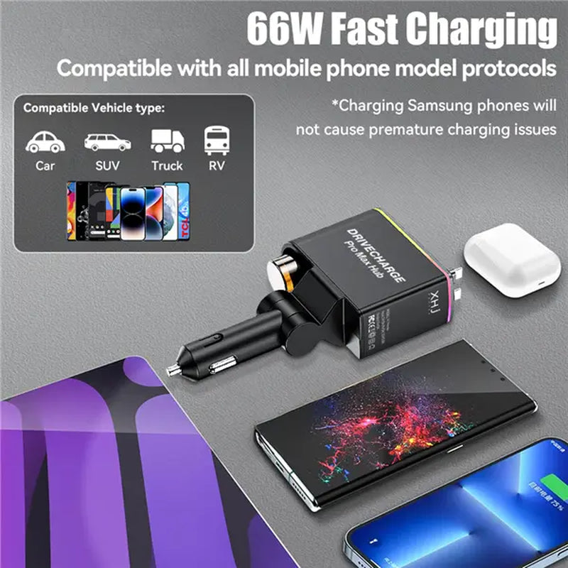 Starlight Roof Retractable Car Charger with Lightning Cable, Dual Charging Ports, and Quick Charge Adapter - 5-in-1 Automotive Solution with Red LED Lights