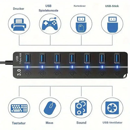 USB 2.0 Hub with 4 or 7 Ports and Individual On/Off Switches, Compact Multi-Port Splitter for Laptops, PCs, and External HDDs with LED Indicators