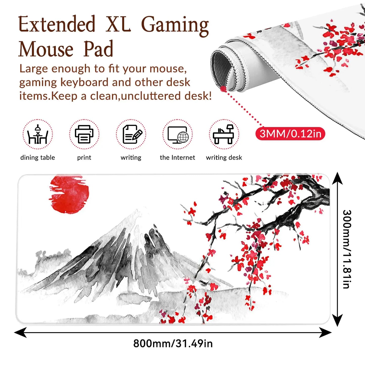 Cherry Blossom Design Rectangular Mouse Pad with Non-Slip Rubber Base, Washable for Office, Work, and Gaming Use