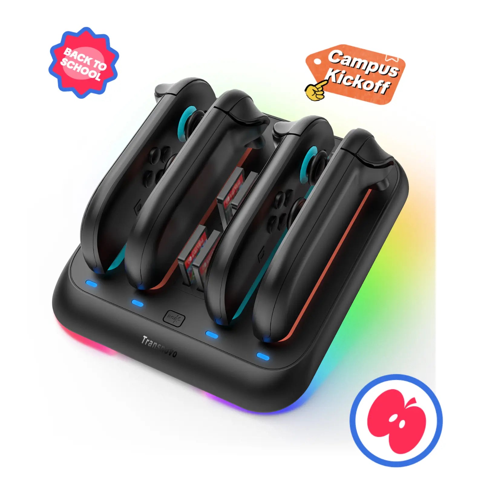 Transnovo Adjustable Charging Pad Compatible with New Switch 2 Joy-Con & Controllers – 4-In-1 Magnetic Fast Charger with 9 RGB LED Indicator, Type-C Cable Included