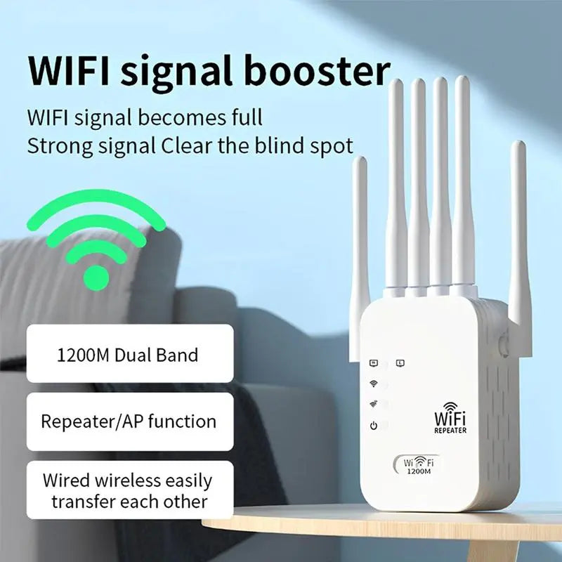 Dual Band 1200Mbps WiFi Extender with 6 High-Gain Antennas, Coverage up to 2000 Sq. Ft for 30 Devices, Ethernet Port Included, Perfect for Home Offices and Studios