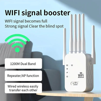 Dual Band 1200Mbps WiFi Extender with 6 High-Gain Antennas, Coverage up to 2000 Sq. Ft for 30 Devices, Ethernet Port Included, Perfect for Home Offices and Studios