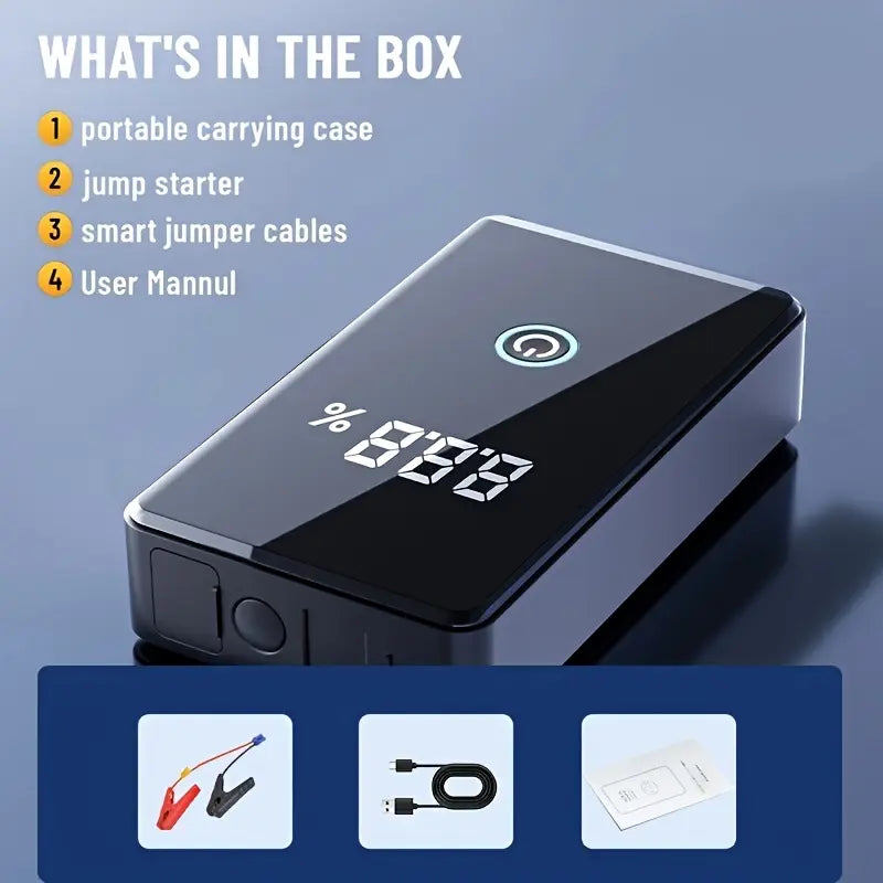 1500A Peak Portable Car Jump Starter (Up to 5.0L Gas/3.0L Diesel) - 12V Auto Battery Booster with Smart Jumper Cables, Wireless Power Bank, 3-In-1 LED Light, Lightweight Beginner-Friendly Roadside Emergency Kit
