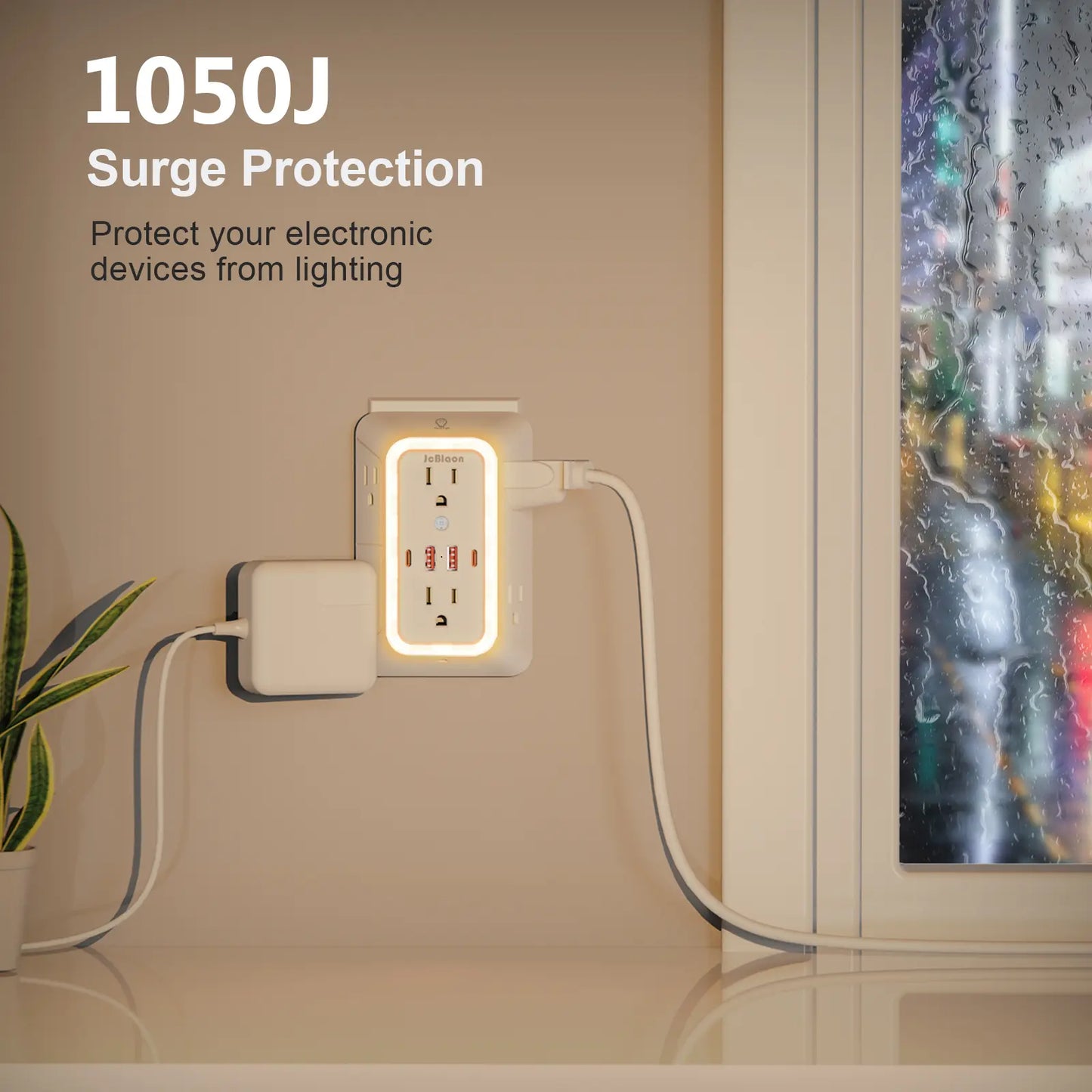 Wall Outlet Extender with Surge Protector, 6-Outlet Plug Strip with 4 USB Charging Ports & Night Light, USB Power Outlet, Power Socket Extender