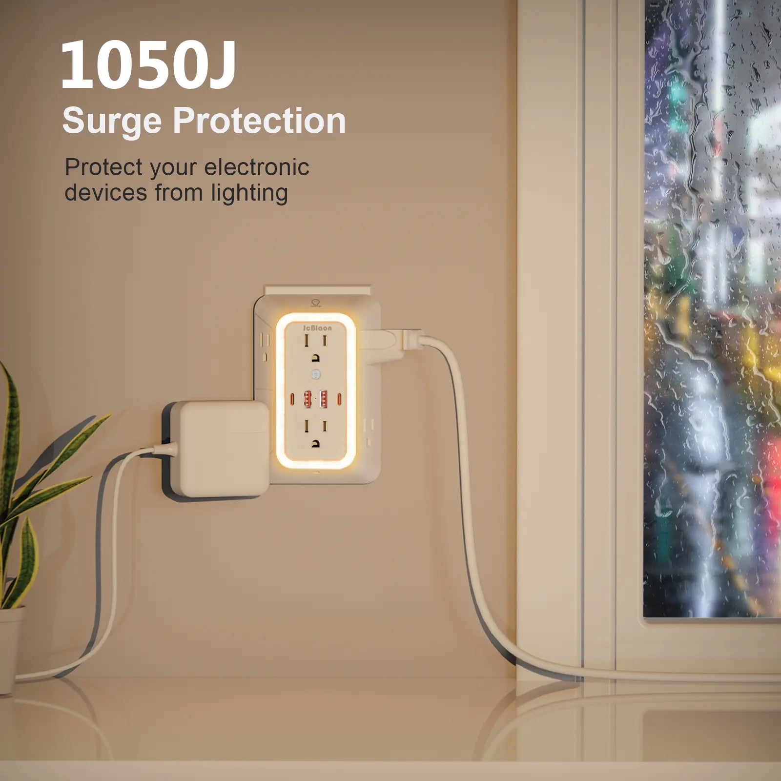 Wall Outlet Extender with Surge Protector, 6-Outlet Plug Strip with 4 USB Charging Ports & Night Light, USB Power Outlet, Power Socket Extender