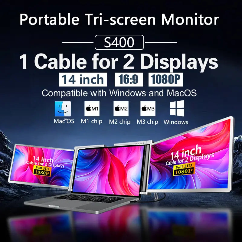 Dual-Screen Laptop Extender, [M1/M2/M3/Windows] [Connects with Just One Cable], Laptop Display Extender for Mac/Windows, 1080P | FHD IPS | Ultra-Thin Bezel, Type-C/Usb Powered, S400 Gray.