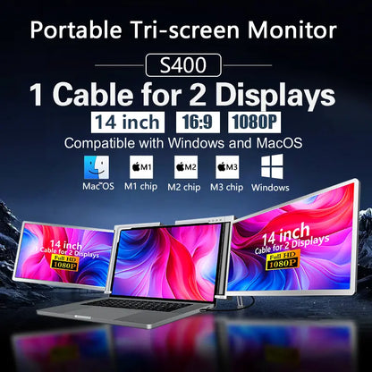 Dual-Screen Laptop Extender, [M1/M2/M3/Windows] [Connects with Just One Cable], Laptop Display Extender for Mac/Windows, 1080P | FHD IPS | Ultra-Thin Bezel, Type-C/Usb Powered, S400 Gray.