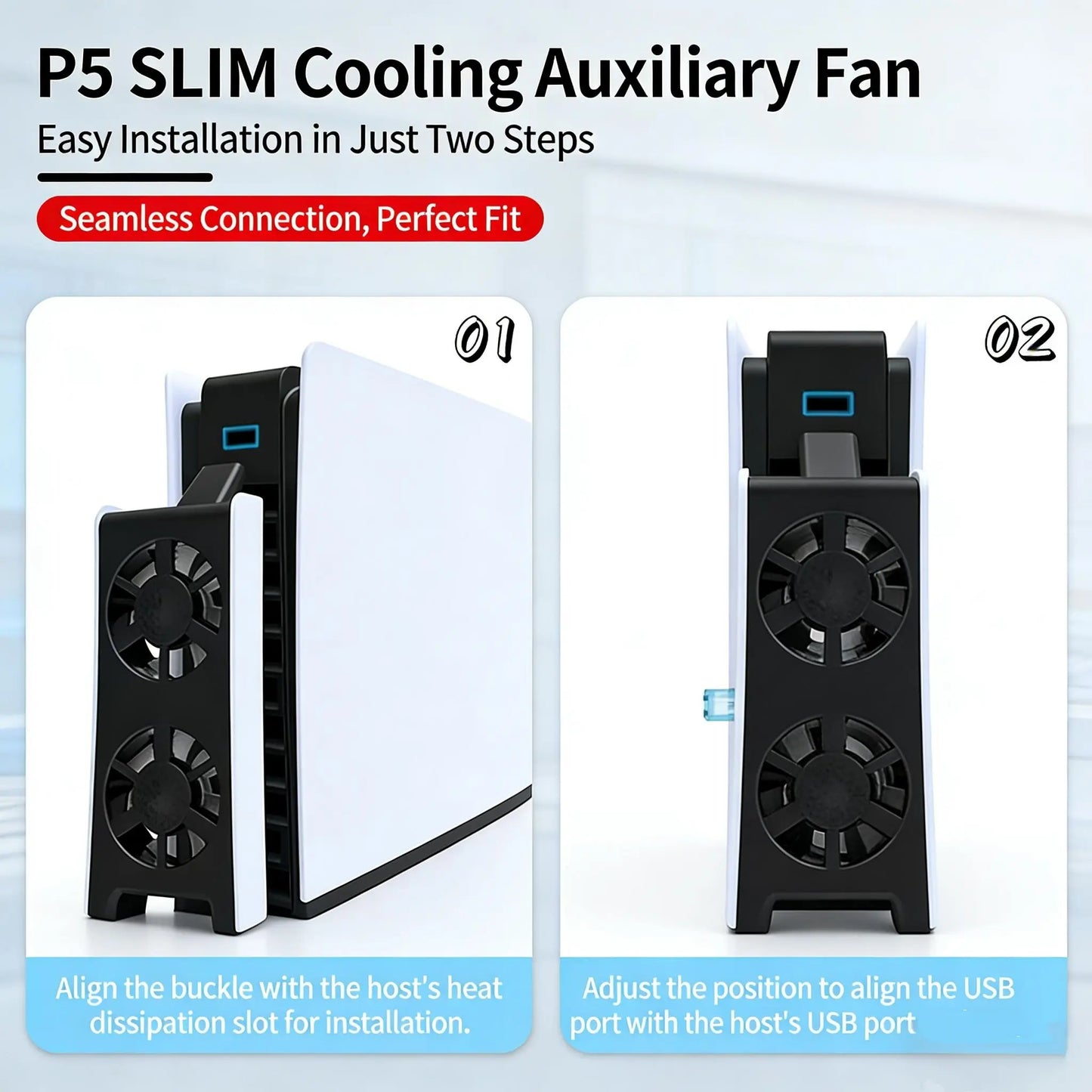 PS5 Slim Cooling Fan with LED Light, Silent USB Temperature-Controlled External Cooler for PS5 New Slim Console, Gaming Accessories Computer Peripherals