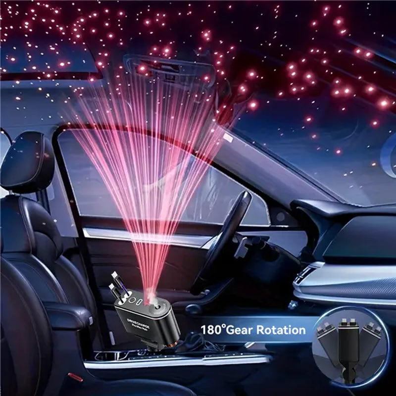 Starlight Roof Retractable Car Charger with Lightning Cable, Dual Charging Ports, and Quick Charge Adapter - 5-in-1 Automotive Solution with Red LED Lights