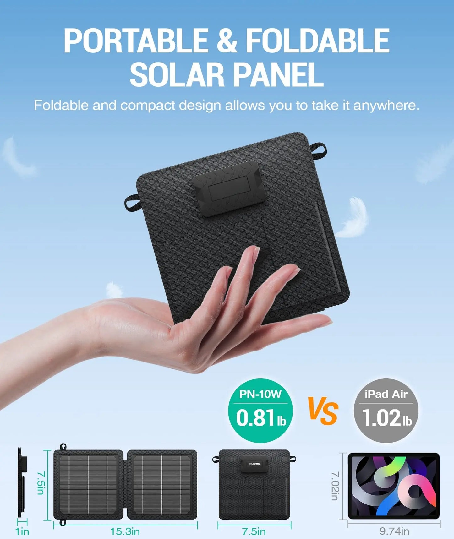 10W Solar Charger, IP65 Waterproof, Foldable with Dual USB Outputs (5V/2A Max) for Iphone, Ipad, Samsung, and More. Ideal for Outdoor Use.