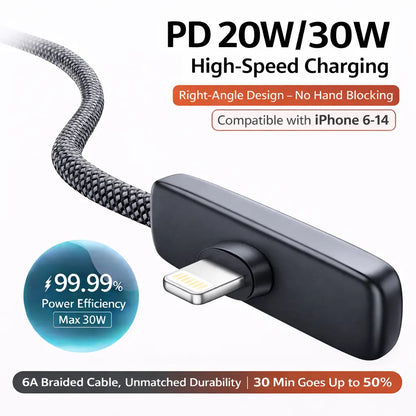 PD30W Right Angle Lightning Cable - Fast Charging Braided Durable Cord for Gaming, Compatible with iPhone 6-14, Safe and Stable Charging, No Blocking Hands While Playing, Available in 3.3 Feet and 6.6 Feet Lengths