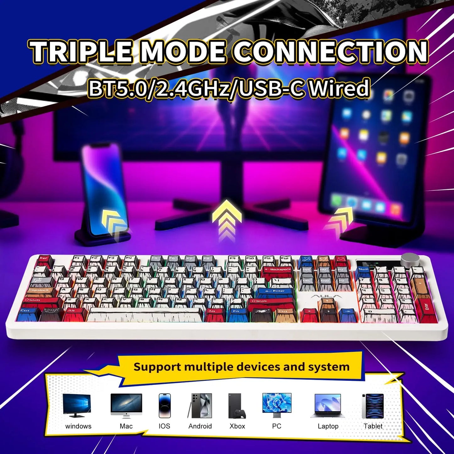 [Urtechdaddy-Edtion]Aula F106 PRO Wireless Mechanical Keyboard,Full Size Gaming Keyboard with Hot Swappable Knob & Screen,Tri-Mode RGB Backlit with 8000Mah for Pc/Laptop/Windows
