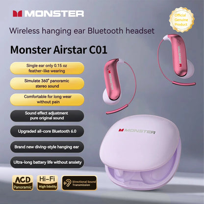 Monster Open-Ear Mic Headset, Wireless Earbuds, Secure Earhook Design, Mic Noise Cancelling, 100H Playtime, Bluetooth 6.0, Sweatproof, Lightweight, Comfortable, for Running, Workout, Cycling, Driving – Back to School, Perfect Gifts for Men & Women