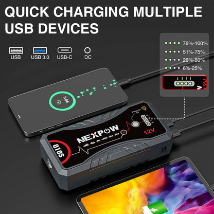 NEXPOW 2026 Enhanced Car Jump Starter - 3000A Peak Performance for 9.0L Gas and 7.0L Diesel Engines - Portable Lithium Battery Pack with USB QC3.0 and Jumper Cables