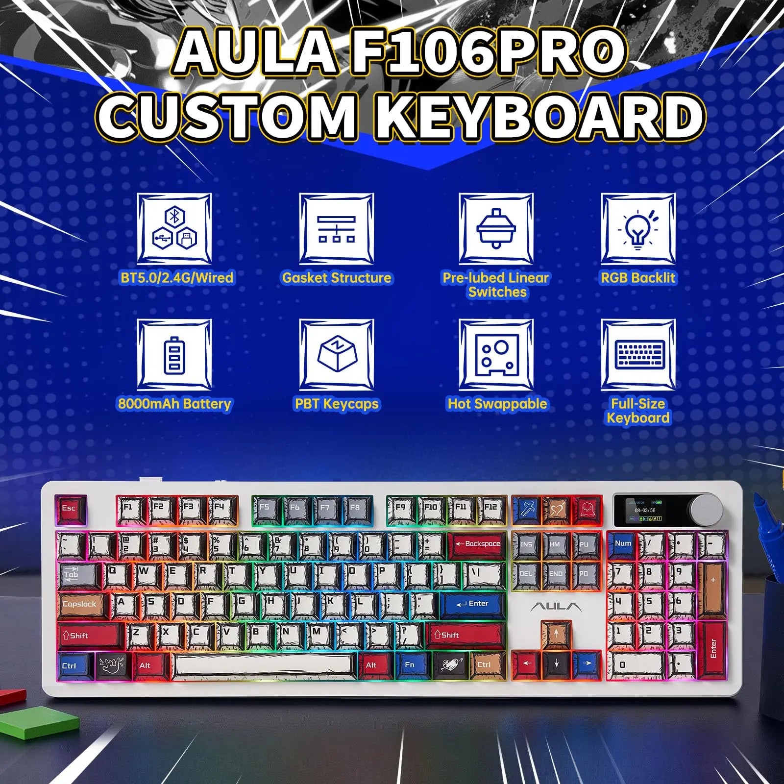 [Urtechdaddy-Edtion]Aula F106 PRO Wireless Mechanical Keyboard,Full Size Gaming Keyboard with Hot Swappable Knob & Screen,Tri-Mode RGB Backlit with 8000Mah for Pc/Laptop/Windows