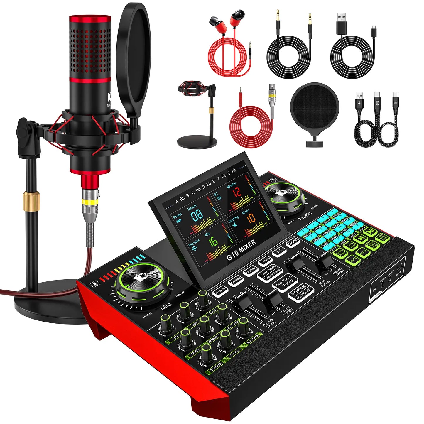 Tenlamp G10-P15 Professional Sound Card Kit with Condenser Microphone, Audio Mixer Featuring Voice Changer and Noise Reduction for Streaming, Podcasting, and Gaming