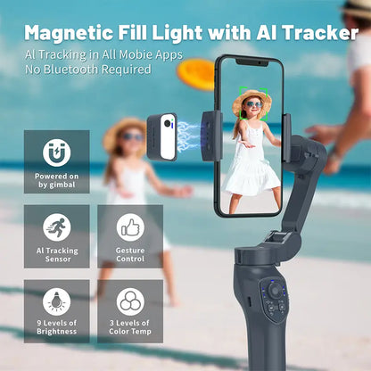 COMITOK Gimbal Stabalizer 3-Axis Handheld Phone Stabilizer for Smartphone with Fill Light, Active Rotating Automatic Face Tracking, Anti-Shake Shooting Desktop Stand for Video Recording, Tripod for Iphone & Android, Selfie Accessories