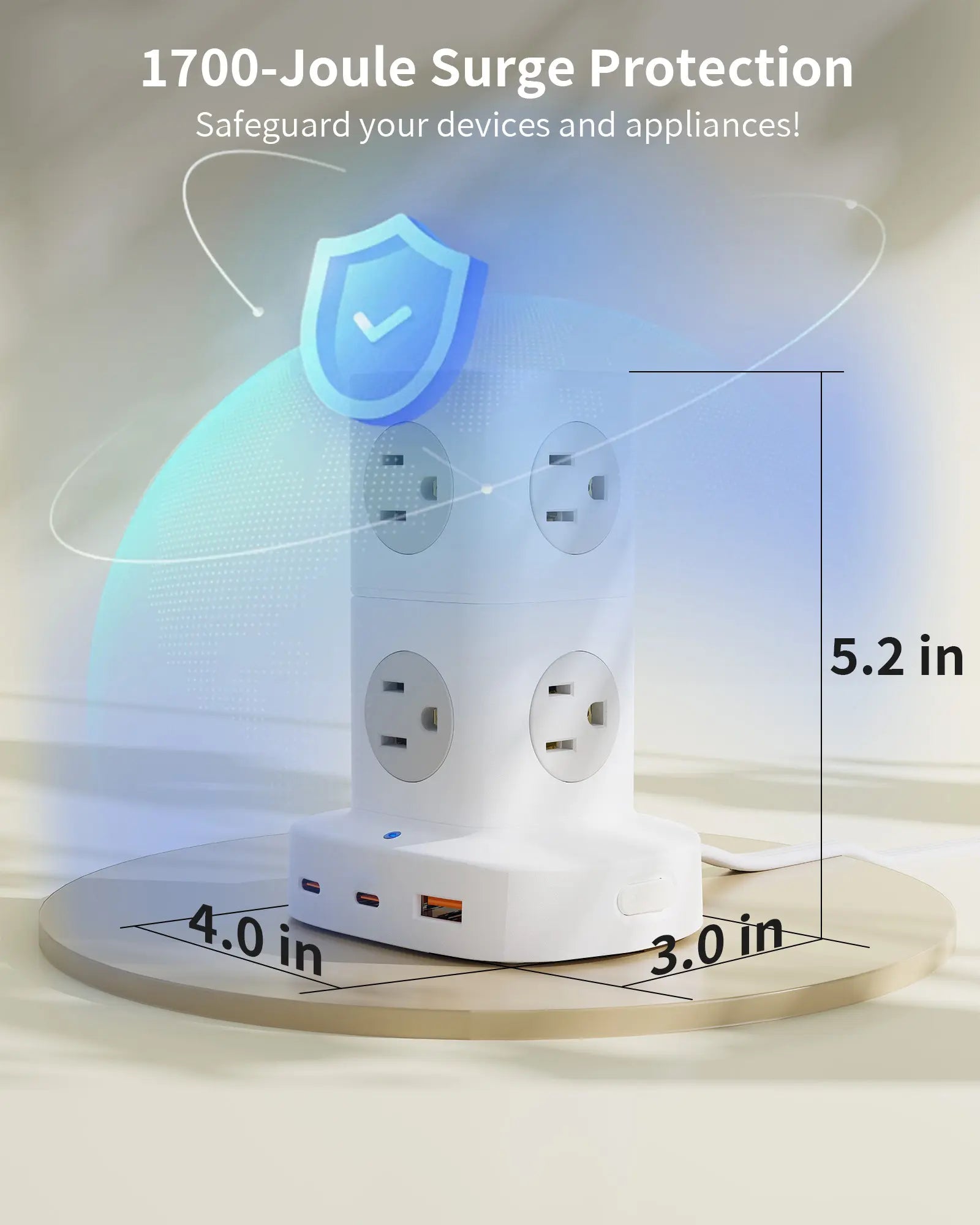 Tower Power Strip with 9 Outlets 3 USB (2 USB C), Surge Protector Tower 1250W/10A, 1700J, 5Ft Removable Multiple Outlets Power Strip Tower, Ideal for Dorms, Home Office, Travel, Hotels Outletplugs