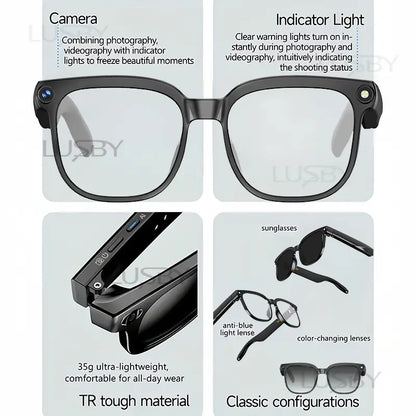 LUSBY Smart AI Camera Glasses with 8MP Photochromic Lenses, Touch Button Adjustment, Hands-Free Photography, Real-Time Translation in 160+ Languages, Bluetooth Connectivity, Wearable Video Recording, and UV Protection - Ideal for Travel and Outdoor Adventures, Perfect Easter Gift