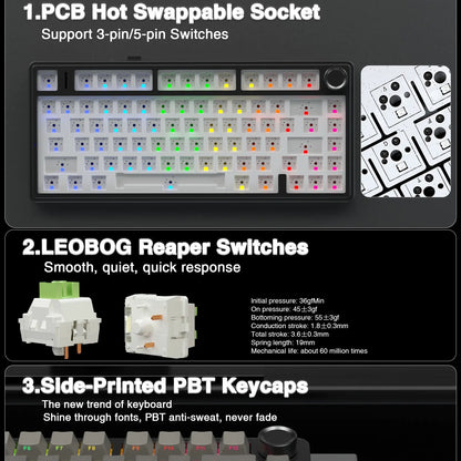 AULA F75 Pro Wireless Mechanical Gaming Keyboard - 75% Hot-Swappable, USB Rechargeable, RGB Backlit, PBT Side-Printed Keycaps, Multimedia Scroll Wheel, Ideal PC Accessories
