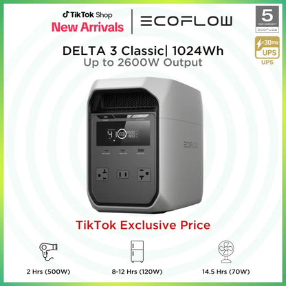 ECOFLOW DELTA 3 Classic, Lifepo4 Battery, Solar Generator, Fast Charging, Portable Power Station for Home Backup Power