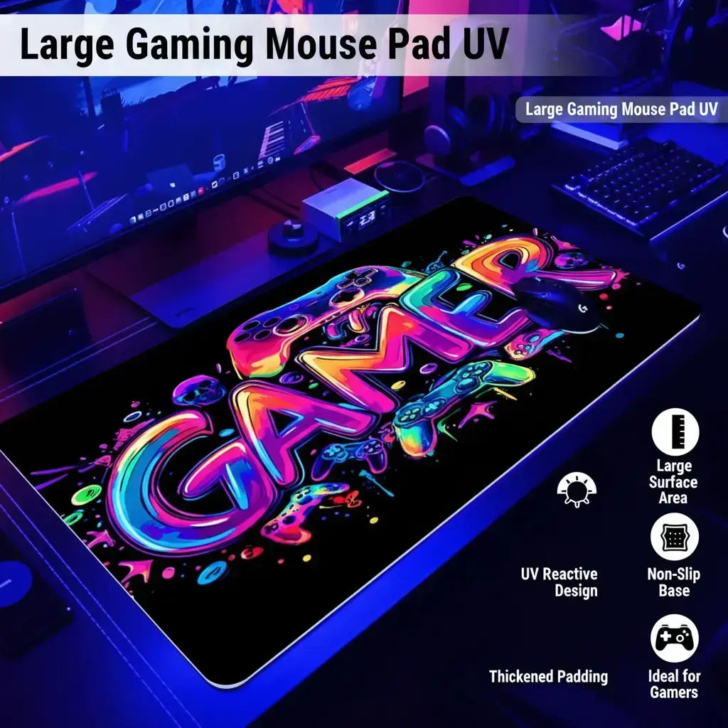 Large UV Reactive Gaming Mouse Pad - Thickened Non-Slip Rubber for E-Sports and Gaming Room Accessories
