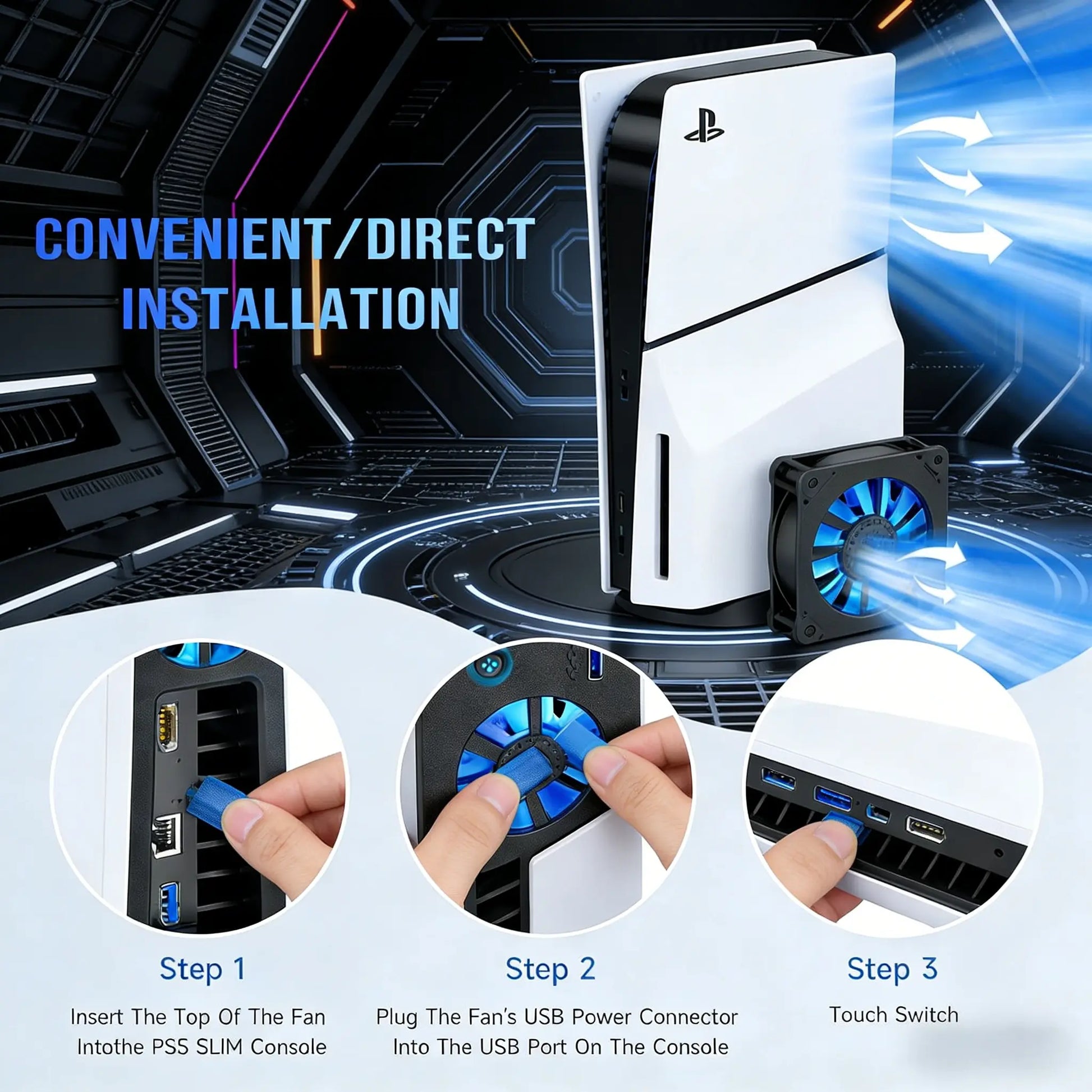 PS5 Slim Cooling Fan with LED Light, Silent USB Temperature-Controlled External Cooler for PS5 New Slim Console, Gaming Accessories Computer Peripherals