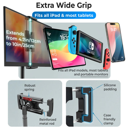 Cooper Tabstand - Adjustable Height Tablet and Portable Monitor Holder, Metal/Aluminum Design, Compatible with Devices Up to 17", 360° Rotation and Tilt, 4.4 lb Weight Capacity, Portable Multi-Device Stand for iPad Pro, Mini, Air, and Smartphones