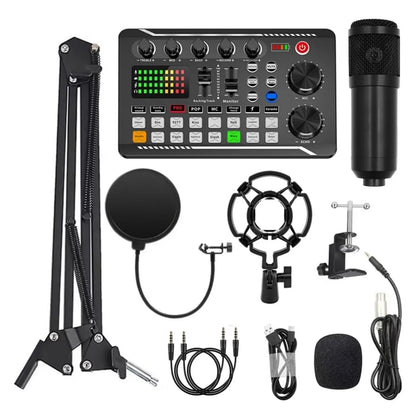 Professional Podcast Equipment Bundle: USB-Rechargeable Microphone with Voice Changer, Live Audio Mixer, Adjustable Condenser Mic, USB Audio Interface, Headphones, and Singing Microphone