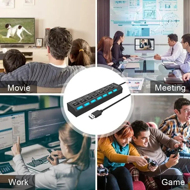 USB 2.0 Hub with 4 or 7 Ports and Individual On/Off Switches, Compact Multi-Port Splitter for Laptops, PCs, and External HDDs with LED Indicators