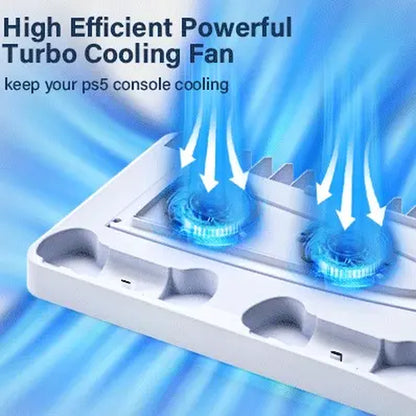 2026 Enhanced Cooling Station for PS5/Slim Console with Dual Controller Charger, Dual Turbo Fan, and Three USB Hubs
