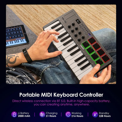 LEKATO SMK-25 Bluetooth 25-Key USB MIDI Keyboard Controller with 8 Backlit Drum Pads, Semi-Weighted Dynamic Keybed, 8 Control Knobs, Music Production Features, Smart Scales and Chords, Software Included - Ideal for Beginners and Music Enthusiasts