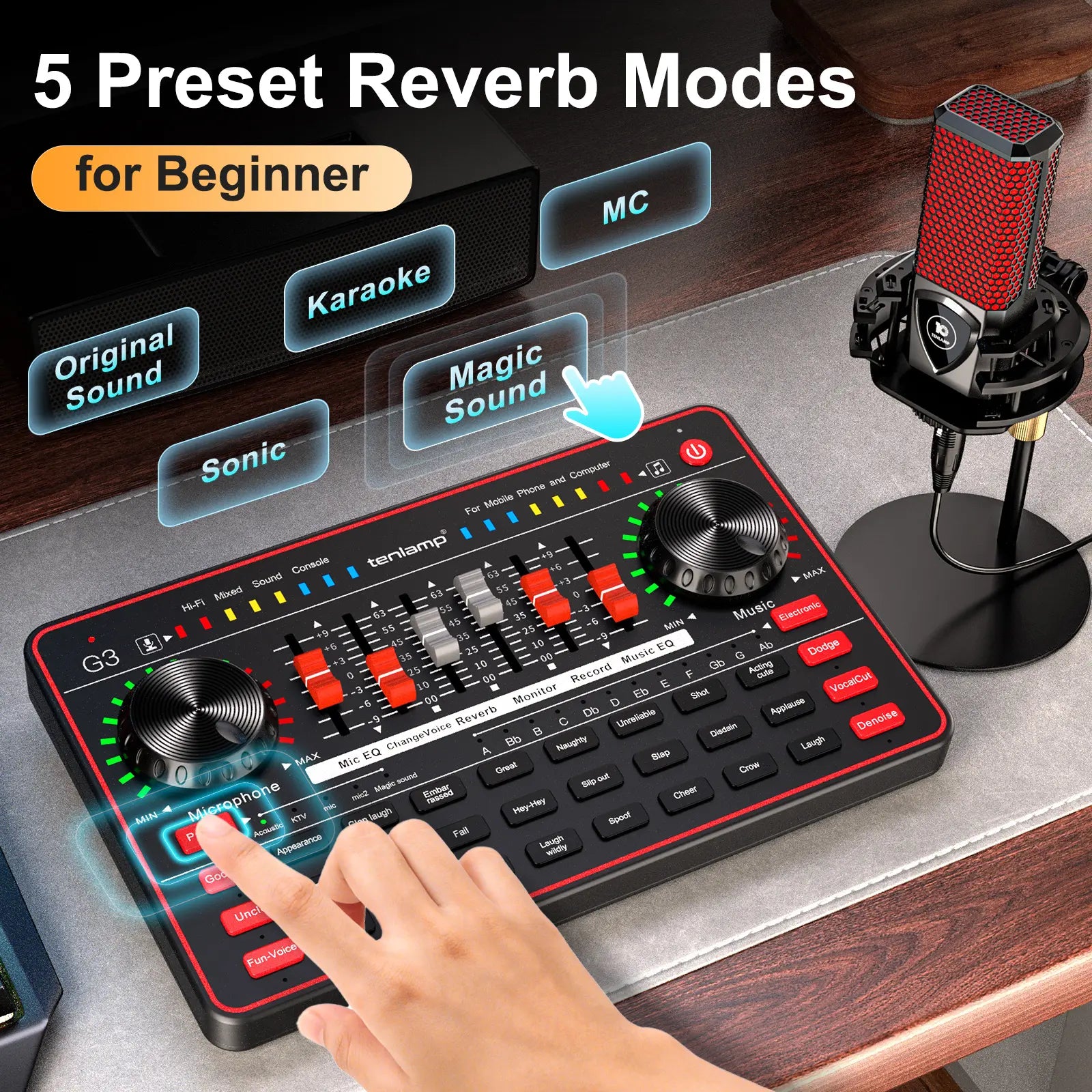 Tenlamp G3-Q8 Professional Podcast Microphone Bundle with Live Sound Card and Audio Mixer for Streaming, Singing, and Content Creation, Featuring Voice Changer and Soundboard Effects