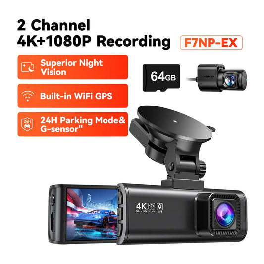 Redtiger F7NP-EX Dash Cam (New Upgrade) - Front and Rear 4K/2.5K Full HD Camera for Vehicles, Includes 64GB Card, Built-In Wi-Fi and GPS, 3.16” IPS Screen, Night Vision, 170° Wide Angle, WDR, 24-Hour Parking Mode
