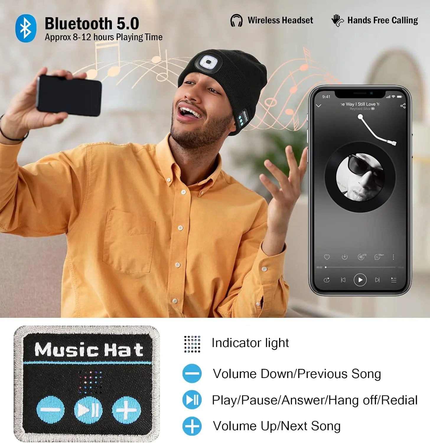 Bluetooth Beanie with LED Headlight and Detachable Speaker, USB Rechargeable Warm Hat for Music and Calls, Ideal for Sports and Outdoor Activities, Unisex Birthday Gift