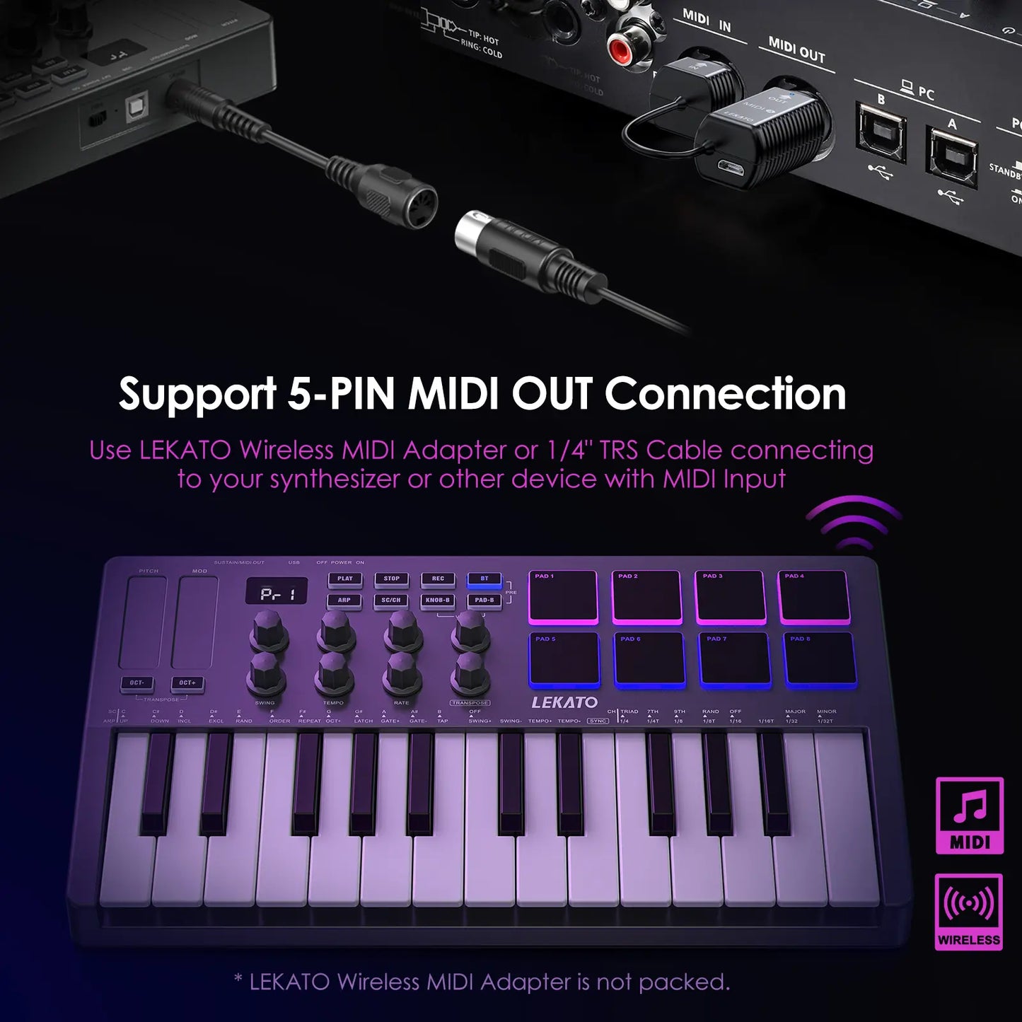 LEKATO SMK-25 Bluetooth 25-Key USB MIDI Keyboard Controller with 8 Backlit Drum Pads, Semi-Weighted Dynamic Keybed, 8 Control Knobs, Music Production Features, Smart Scales and Chords, Software Included - Ideal for Beginners and Music Enthusiasts