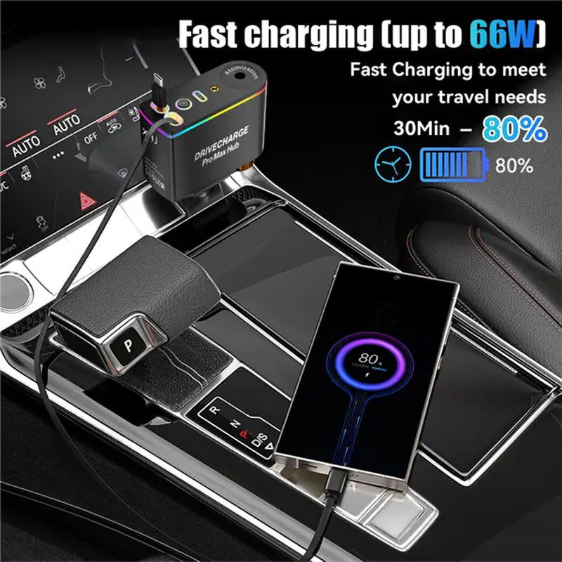 Starlight Roof Retractable Car Charger with Lightning Cable, Dual Charging Ports, and Quick Charge Adapter - 5-in-1 Automotive Solution with Red LED Lights