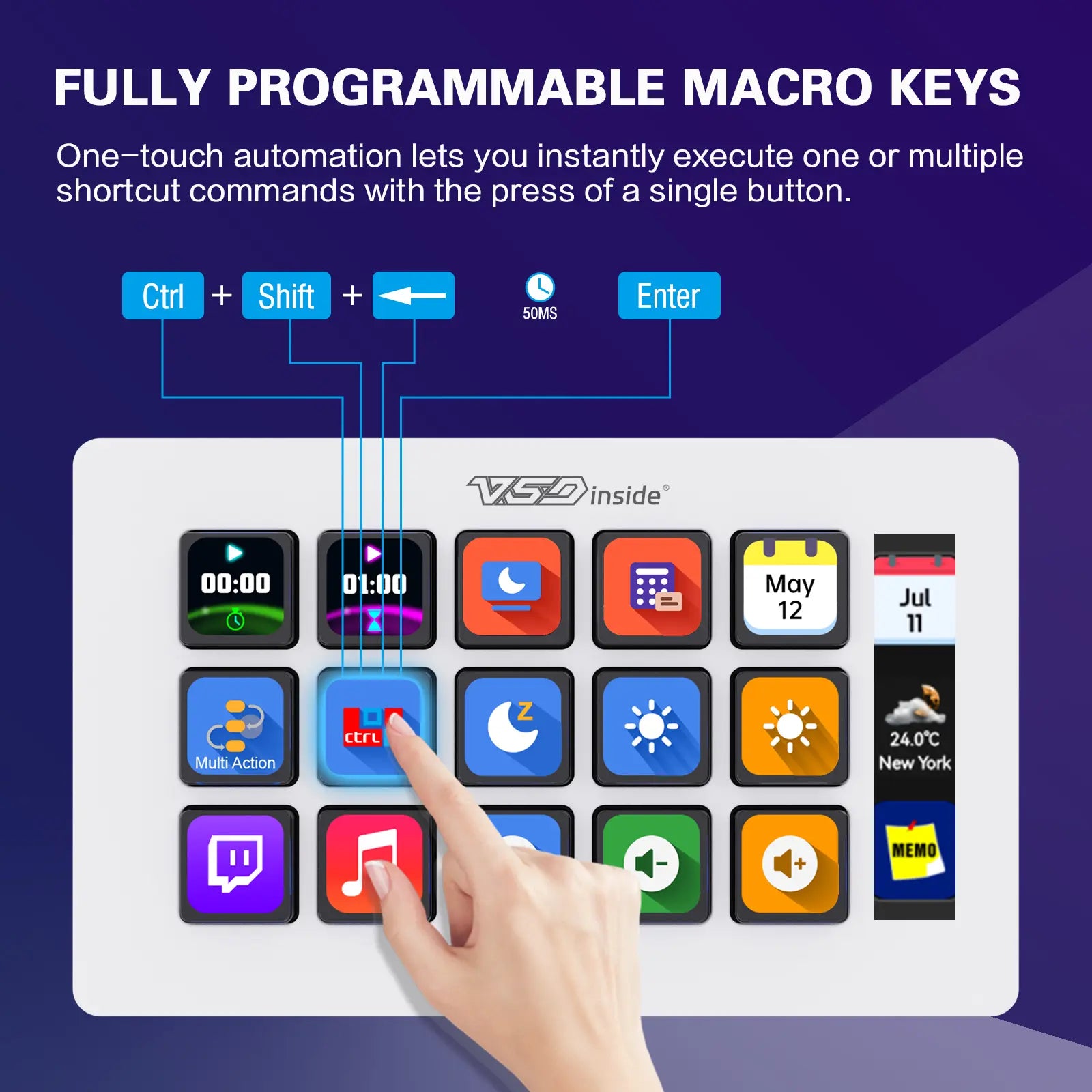 Vsdinside Smart Stream Deck - 15 Customizable LCD Keys with GIF Support, One-Touch Automation, and Extensive Plugin Options for Office, Streaming, and Design Applications