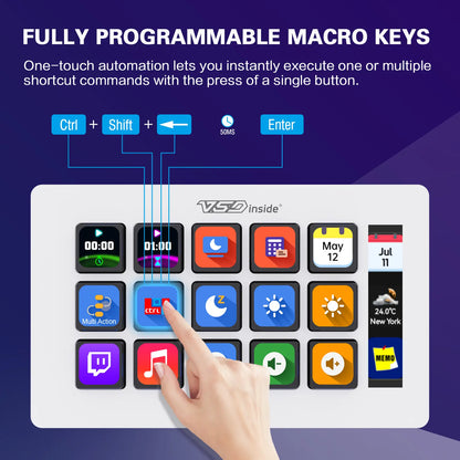 Vsdinside Smart Stream Deck - 15 Customizable LCD Keys with GIF Support, One-Touch Automation, and Extensive Plugin Options for Office, Streaming, and Design Applications