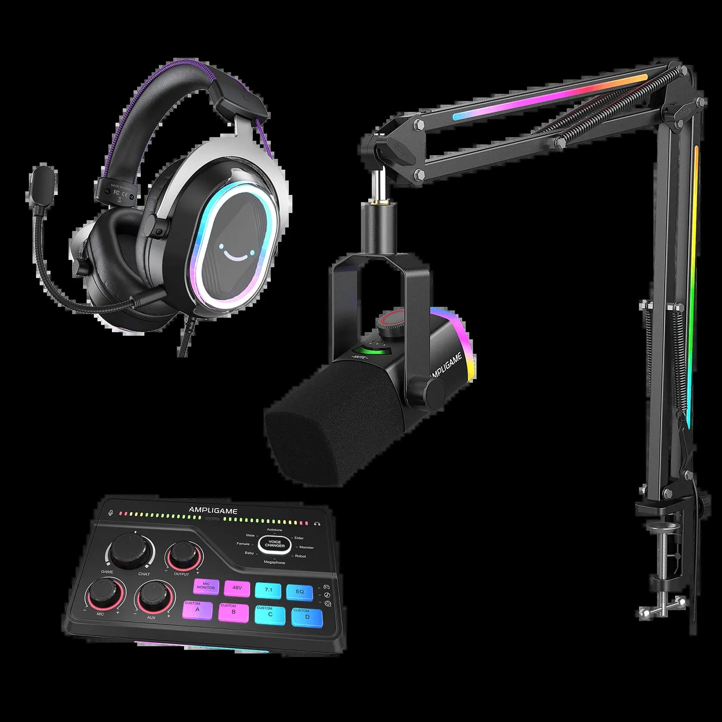 FIFINE Professional Streaming and Gaming Bundle: AM8Pro Microphone Kit, SC8 Audio Mixer, and H13 Headset
