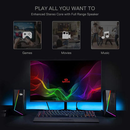 Redragon GS520 2.0 Channel Desktop Speakers - Multifunctional PC Gaming Audio System with RGB LED Lighting, Enhanced Sound Quality, and Convenient Volume Control, USB Powered with 3.5mm Connectivity