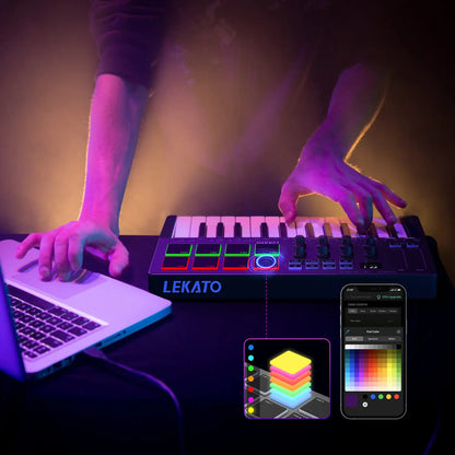 LEKATO SMK-25 Bluetooth 25-Key USB MIDI Keyboard Controller with 8 Backlit Drum Pads, Semi-Weighted Dynamic Keybed, 8 Control Knobs, Music Production Features, Smart Scales and Chords, Software Included - Ideal for Beginners and Music Enthusiasts